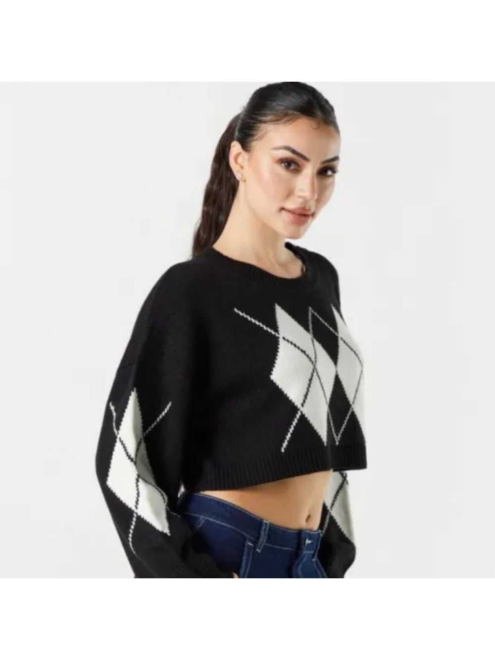 Black & White Argyle Crop Sweater Y2K Aesthetic